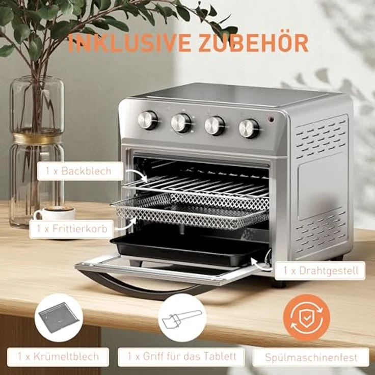 HOMCOM Minibackofen mit 60 Min. Timer, 24 L, 1600W, Heiße Luftzirkulation, Innenbeleuchtung, Silber – Bild 8
