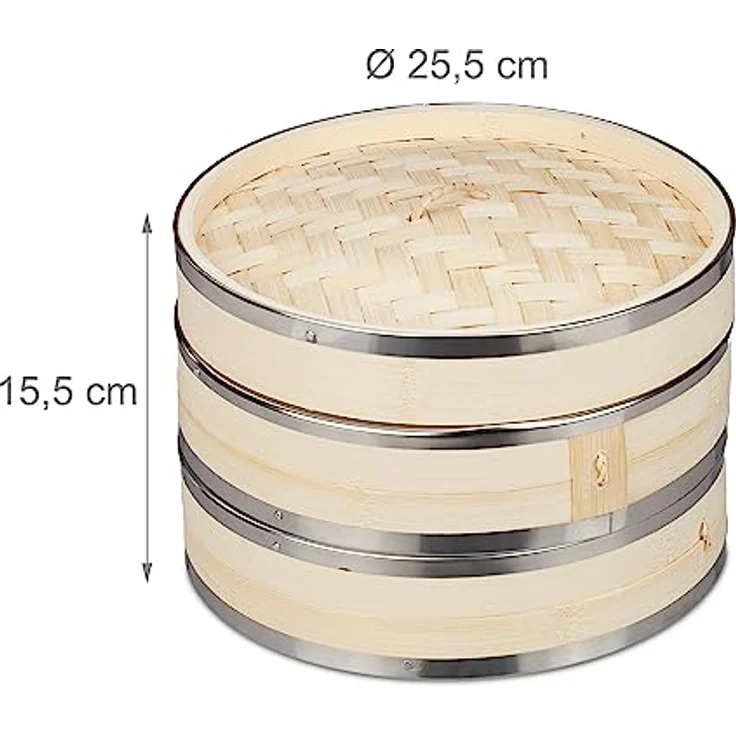 Relaxdays Bambus Dampfgarer, 2 Etagen, asiatischer Dampfkorb für Reis, Dim Sum, Gemüse, Ø25,5cm, natur, Hellbraun, Silber – Bild 4