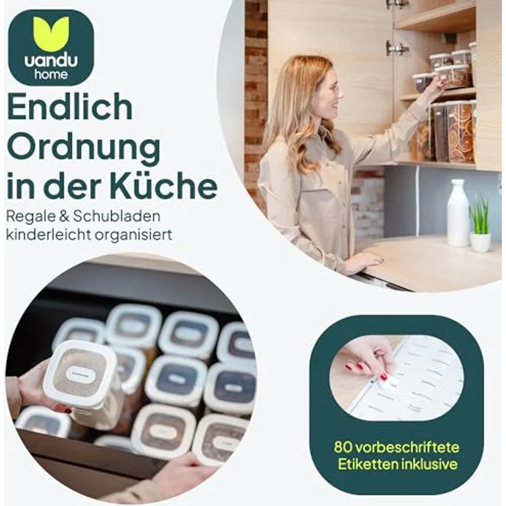 UANDU Vorratsdosen mit Deckel Luftdicht Set - 12 Mix-Weiß, BPA frei, Küchenorganizer, stapelbar, inklusive beschrifteter Etiketten – Bild 2