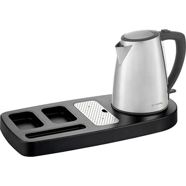 Grossag WT 100 & WK 68 Wasserkocher, 1,2 l, 2200 W, inkl. welcome-Tray aus schwarzem ABS-Kunststoff mit Holzstruktur, silber, schwarz