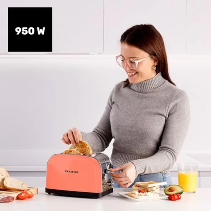 Taurus Toaster Vintage II Coral, 950 W, 2 Schlitze, 7 Bräunungsstufen, Edelstahlgehäuse, selbstzentrierend, Krümelschublade, Kabelaufwicklung – Bild 2