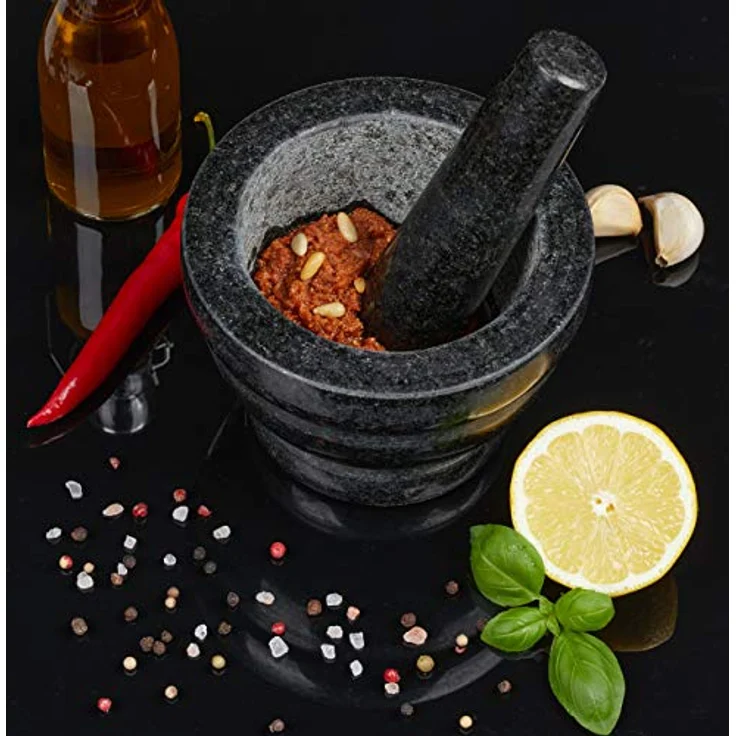 Relaxdays Granit Mörser mit Stößel, robust & langlebig, Gewürze, Kräuter, polierter Steinmörser, Ø 14 cm, 400 ml, grau – Bild 3