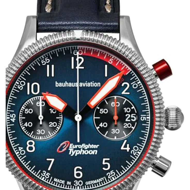 Bauhaus 2576-3 Eurofighter Typhoon Herrenuhr, Edelstahlgehäuse in Silber, blaues Zifferblatt mit Leuchtzeigern und Datum, Lederband dunkelblau – Bild 2