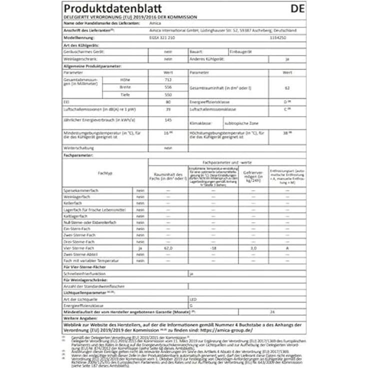Amica EGSX 321 210 Einbau-Gefrierschrank, 77 cm - NoFrost, Supergefrierfunktion, 3 Gefrierschubladen, LED-Beleuchtung, 62 l, Energieeffizienzklasse D – Bild 7