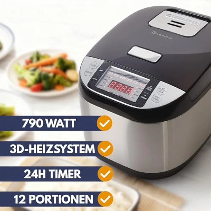Sommertal Reiskocher RK50, 5 Liter elektrischer Multikocher mit 3D Heizsystem, Timer, Warmhaltefunktion & Touch Bedienung für Sushi Reis – Bild 3