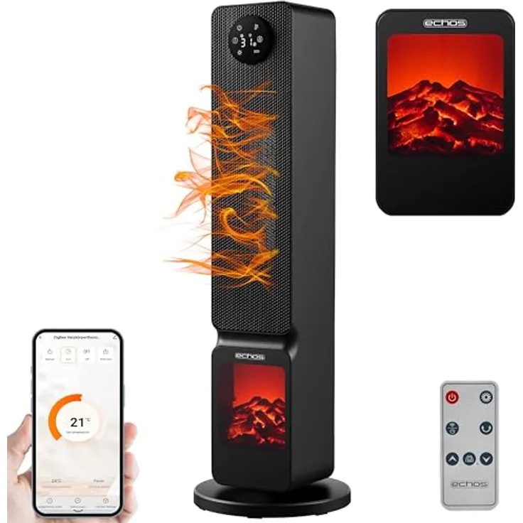 Echos Heizlüfter mit Kaminillusion energiesparend Oszillierend Überhitzungsschutz 2000 Watt 2 Stufen Smartphone steuerbar Tuya App Leise mobile Elektroheizung Miniheizung Heater