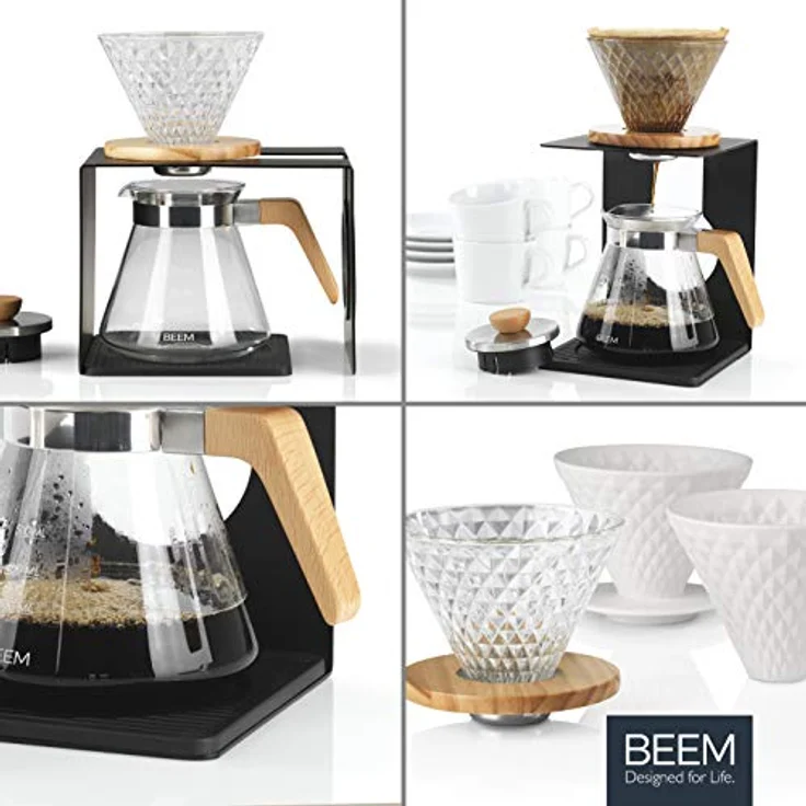 BEEM Pour Over Kaffeebereiter Set - 4 Tassen, Classic Selection, 4-teilig, Glas-Handfilter in Diamantoptik, Größe 2, 0,5 l Glaskanne inkl. Deckel, Silikonunterlage – Bild 2