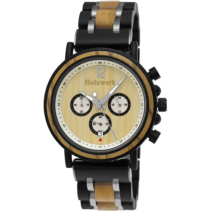 Holzwerk Chronograph DETMOLD Herren Holz Armband Uhr mit Datum, Schwarz/Beige/Silber, 3 Chronographen, Edelstahl/Holz, Japanisches Quarzwerk