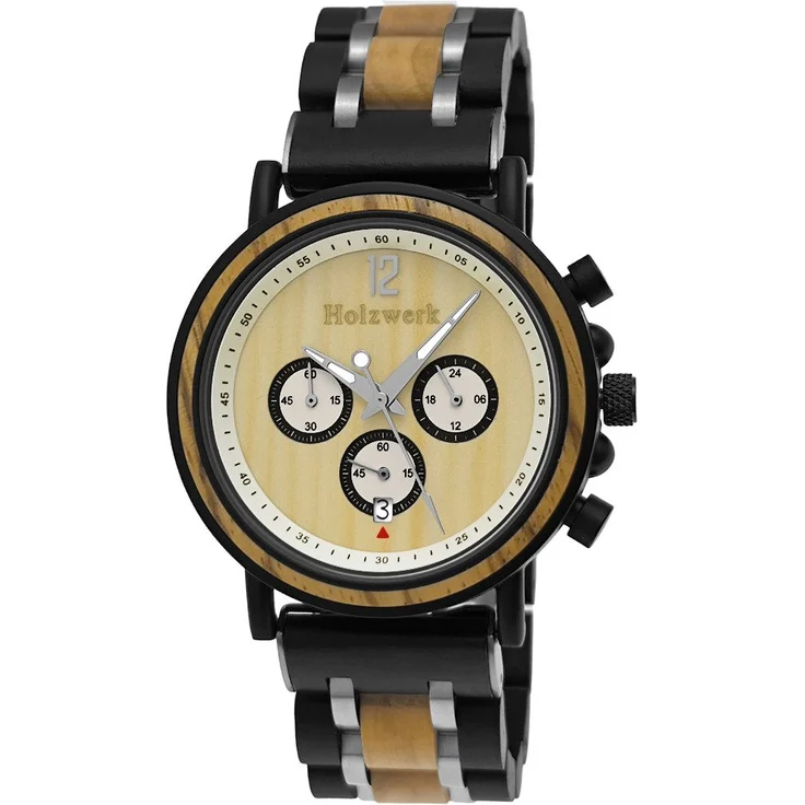 Holzwerk Chronograph DETMOLD Herren Holz Armband Uhr mit Datum, Schwarz/Beige/Silber, 3 Chronographen, Edelstahl/Holz, Japanisches Quarzwerk – Bild 1
