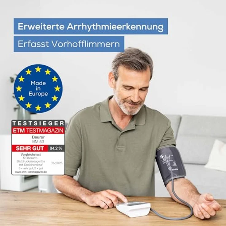 Beurer BM 53 Oberarm-Blutdruckmessgerät, klinisch validiert, Erkennung von Vorhofflimmern (AFib) zur Schlaganfallprävention, mit Risikoindikator, für Armumfänge von 22-42 cm, beleuchtetes XL-Display – Bild 2