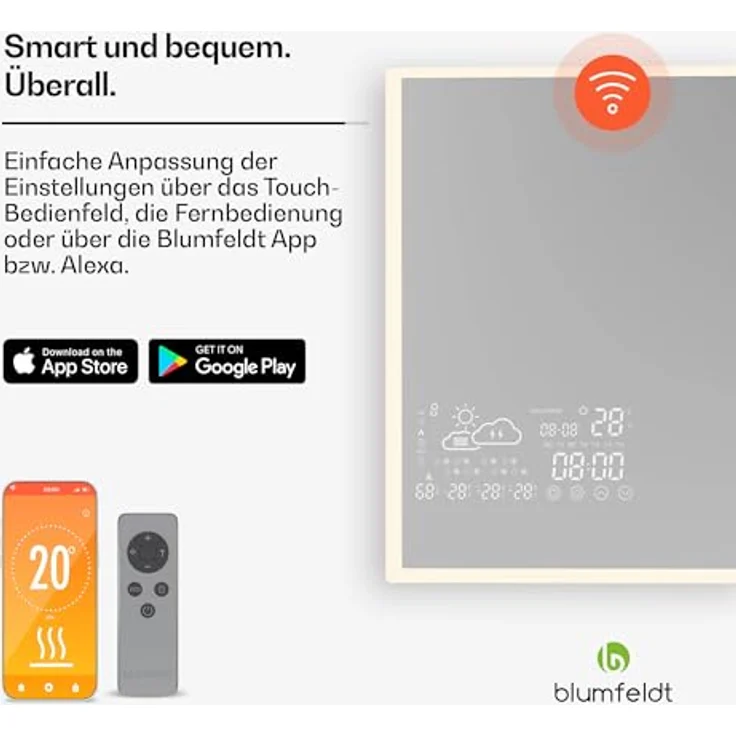 blumfeldt Infrarotheizung ReflectiHeat, elektrische Heizkörper mit Smart Mirror, 600 W, App-Steuerung, Timer, IP44 – Bild 5