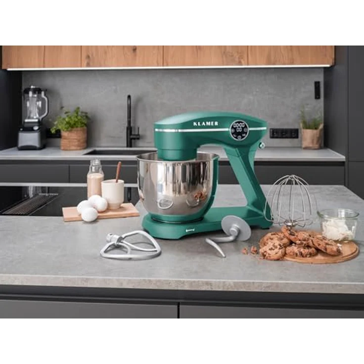 KLAMER Küchenmaschine 1800W, Knetmaschine mit 6 Liter Edelstahl Schüssel, 10 Geschwindigkeitsstufen mit Timer, Rührbesen, Knethaken, Schneebesen und Spritzschutz, in Silber – Bild 2