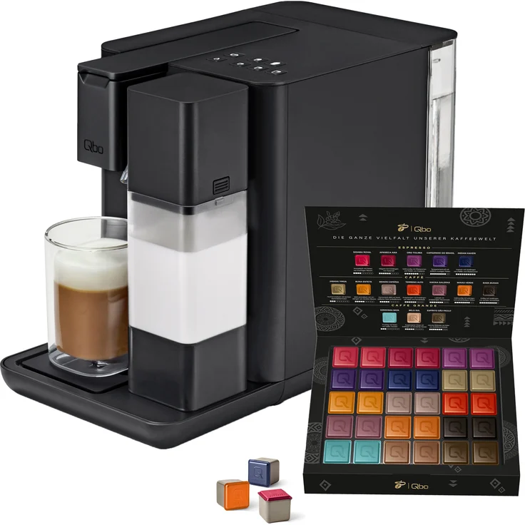 Tchibo Qbo MILK MASTER Premium Kapselmaschine inkl. 30 recyclebare Qbo Kapseln für Cappuccino, Espresso, Caffè Crema, Milchschaum auf Knopfdruck mit abnehmbarem Milchtank 300ml, Velvet Black