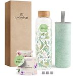 waterdrop® Starter Set Glass | Glass Bottle + 18 Microdrinks zum Auflösen in 6 fruchtigen Sorten – Probierpaket | 600ml Glasflasche auslaufsicher Kohlensäure geeignet + Getränkepulver zuckerfrei