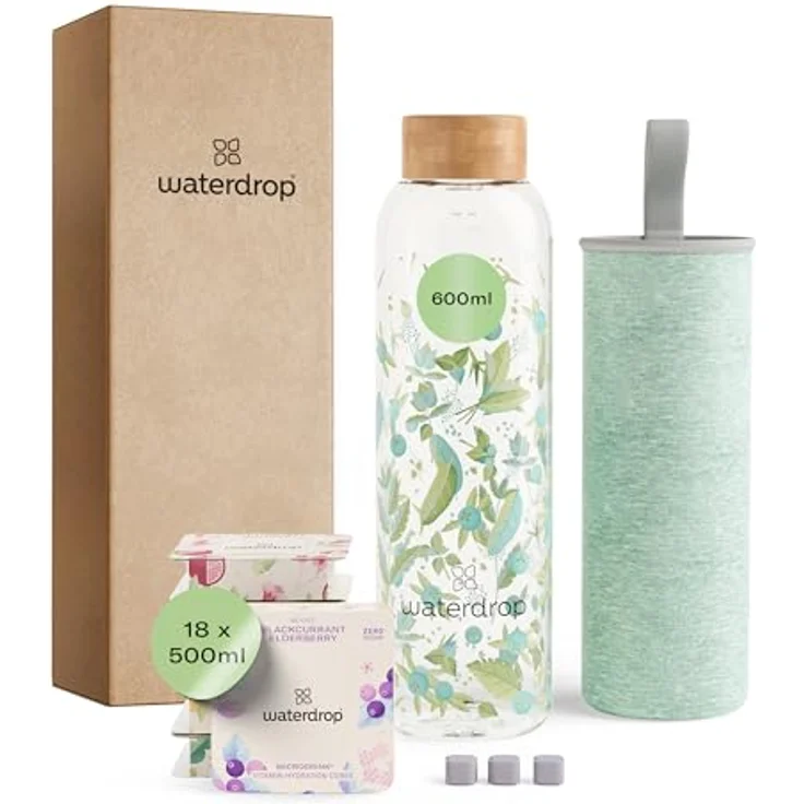waterdrop® Starter Set Glass | Glass Bottle + 18 Microdrinks zum Auflösen in 6 fruchtigen Sorten – Probierpaket | 600ml Glasflasche auslaufsicher Kohlensäure geeignet + Getränkepulver zuckerfrei – Bild 1