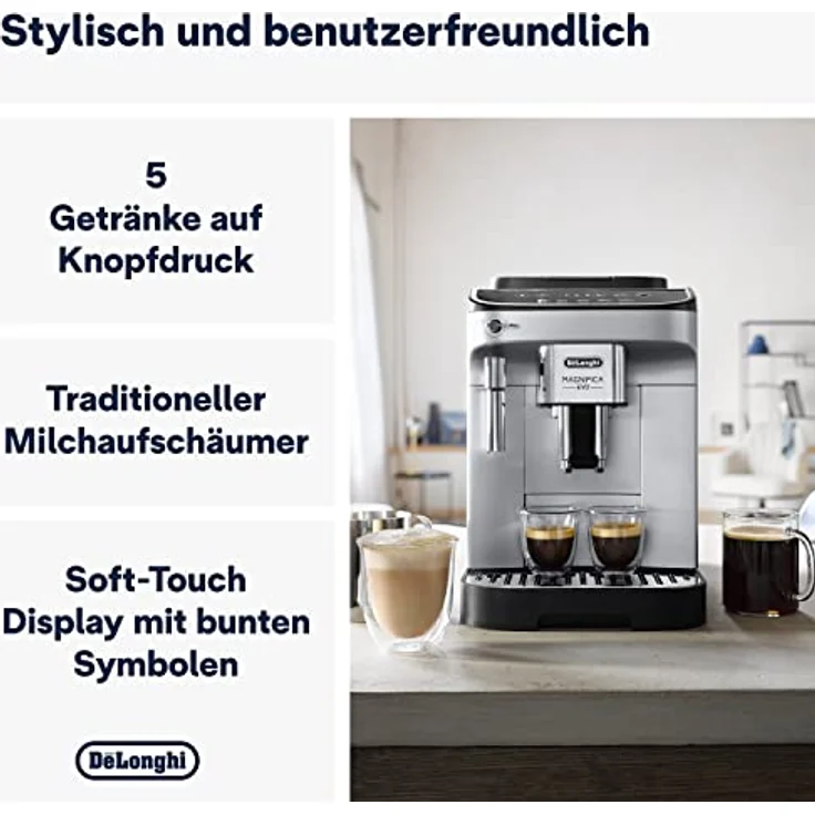 De'Longhi Magnifica Evo ECAM 292.33.SB Kaffeevollautomat mit Milchaufschäumdüse,5 Direktwahltasten für Espresso, Kaffee und Kaffeespezialitäten,intuitives Bedienfeld, 2-Tassen-Funktion, Silber/Schwarz – Bild 2