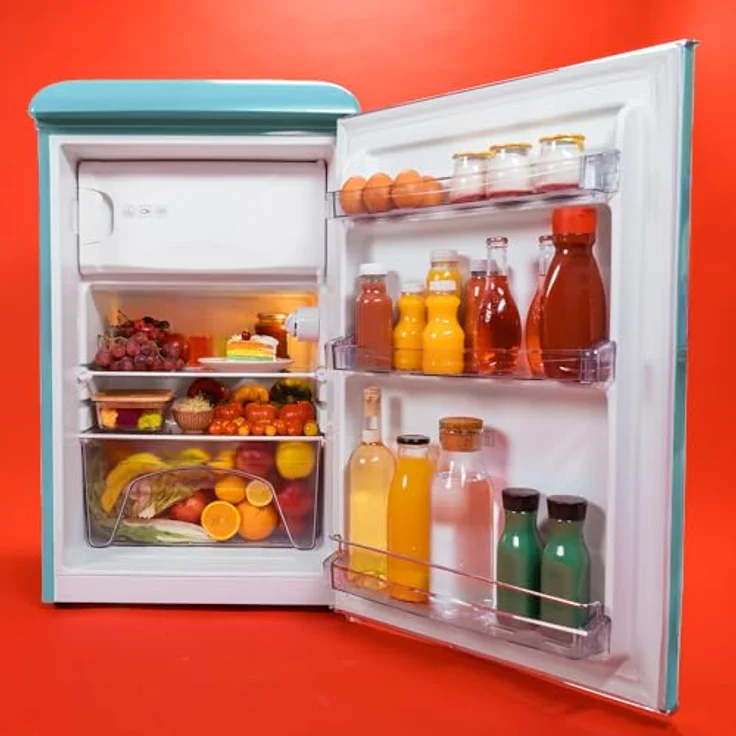 Cecotec Mini Retro Kühlschrank Bolero CoolMarket TT Origin 110, 110 L, Klasse E, ICEBOX, LED-Innenbeleuchtung, Chromgriff, Blau – Bild 5