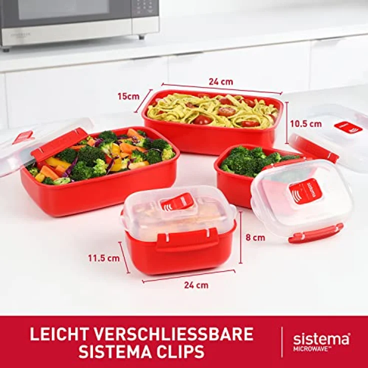 Sistema Microwave-Heat & Eat Frischhaltedosen Set, 4 rechteckige Mikrowellen-Vorratsdosen mit Deckeln (2 x 1,25 l + 2 x 525 ml), verschließbare Clips und Belüftungsventile, BPA-frei – Bild 2