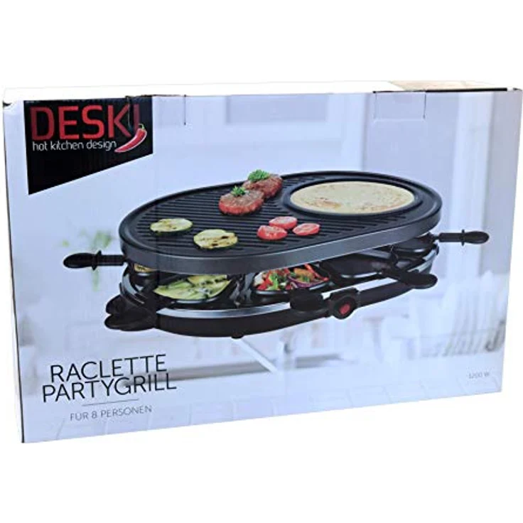 Expo Börse Raclette Tischgrill für 8 Personen, Partyraclette mit Crêpesmaker, 8 Anti-Haft Pfännchen, 1200 W, ovale Form, schwarz – Bild 7