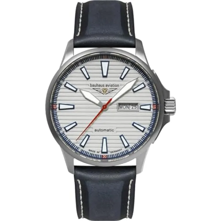 Bauhaus Aviation 2862-1, Herrenuhr Automatik Titan 42 mm mit Saphirglas und blauem Lederarmband, wasserdicht bis 10 ATM