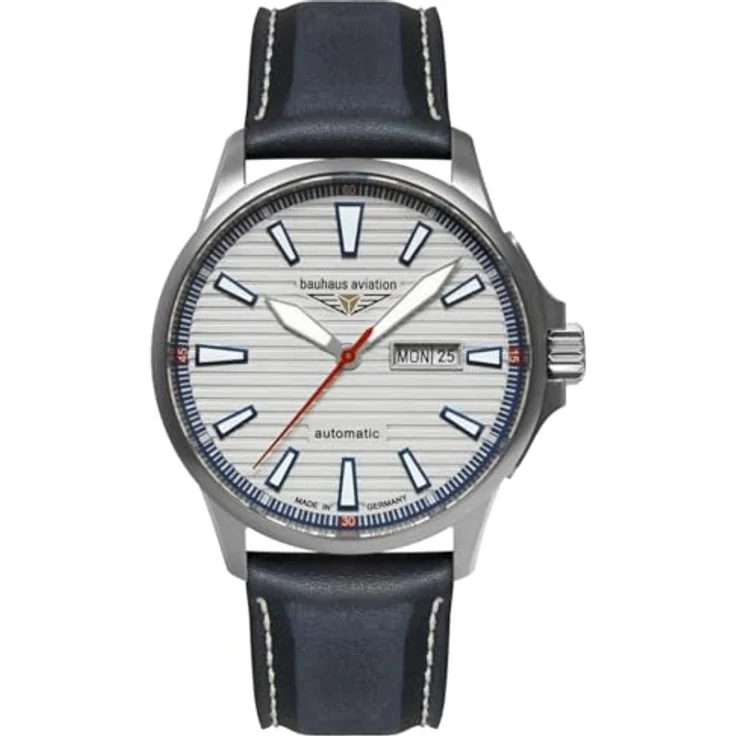 Bauhaus Aviation 2862-1, Herrenuhr Automatik Titan 42 mm mit Saphirglas und blauem Lederarmband, wasserdicht bis 10 ATM – Bild 1