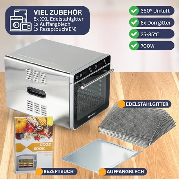 Sommertal Dörrautomat Silence 700 XXL, Profi Dörrautomaten mit 8 Edelstahl Dörrgitter, LED-Display, 24h Timer, Temperatur einstellbar von 35°C–85°C, 700W Dehydrator, inkl. Kochbuch – Bild 2