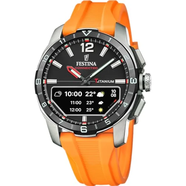 Festina F23000/D Connected D, Herren Hybrid Uhr mit schwarzem Zifferblatt, silbernem Titan-Gehäuse und orangefarbenem Silikonband, wasserdicht bis 3 bar – Bild 1