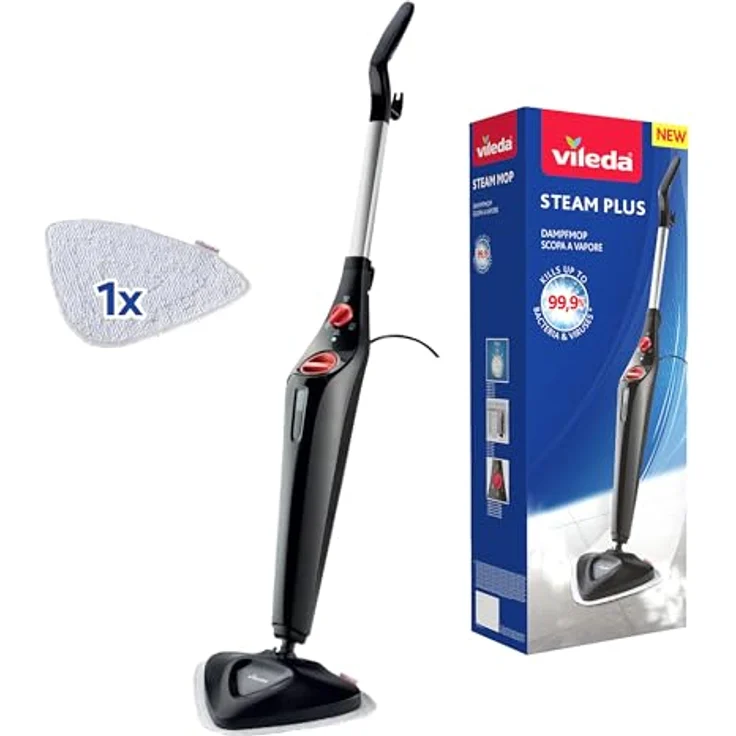 Vileda Steam Plus Dampfreiniger, hygienische Bodenreinigung ohne Chemie, entfernt bis zu 99,9 % von Bakterien & Viren, für alle Böden, Aufheizzeit: 15 Sekunden, 400-ml-Wassertank – Bild 1