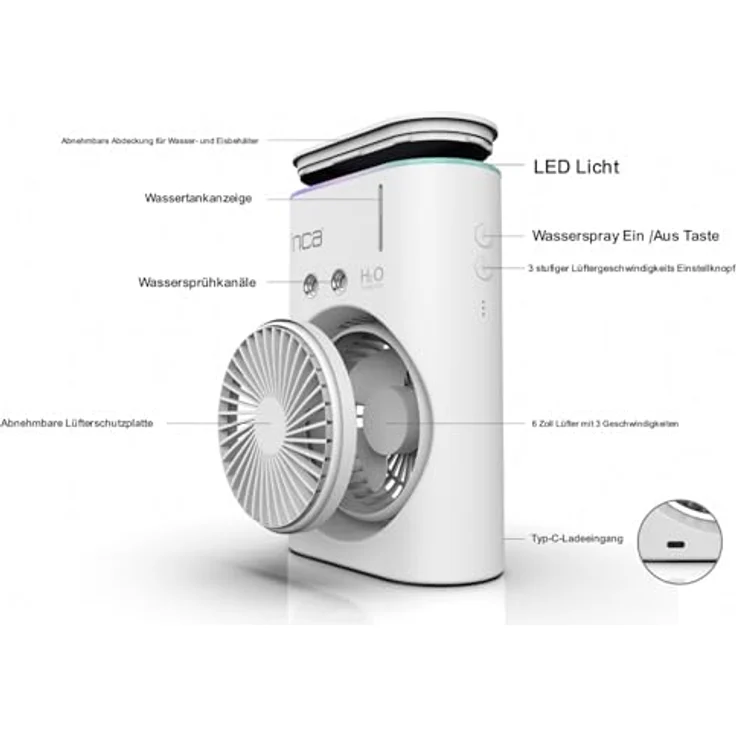 İnca IMF-10B, Tischventilator mit Wasserkühlung & Sprühnebel, 2400 mAh Akku, 3 Stufen, 360° drehbar, LED Licht, kompakt und leise, ideal für Sommer, Büro und Outdoor – Bild 2