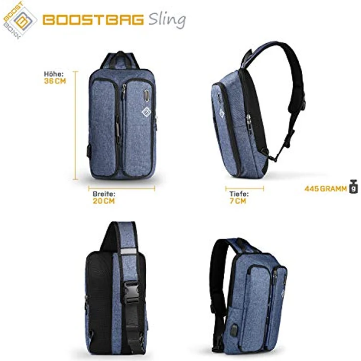 BoostBoxx Boostbag Sling Crossbag, Umhängetasche mit USB-Ladeport und gepolstertem Fach für 10,1 Zoll Tablets, schwarz – Bild 4