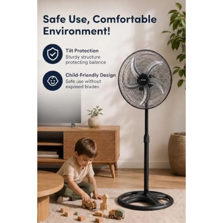 KUMTEL Standventilator KTF-340, 50 cm Durchmesser, 60 W, 70° horizontale Oszillation, höhenverstellbar, schwarz – Bild 8