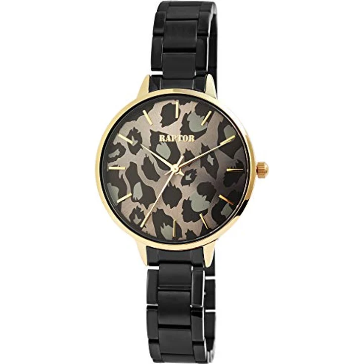 Raptor Damen-Uhr Edelstahl Armband Leo Print Animal Analog Quarz RA10186 (schwarz/goldfarbig) – Bild 1