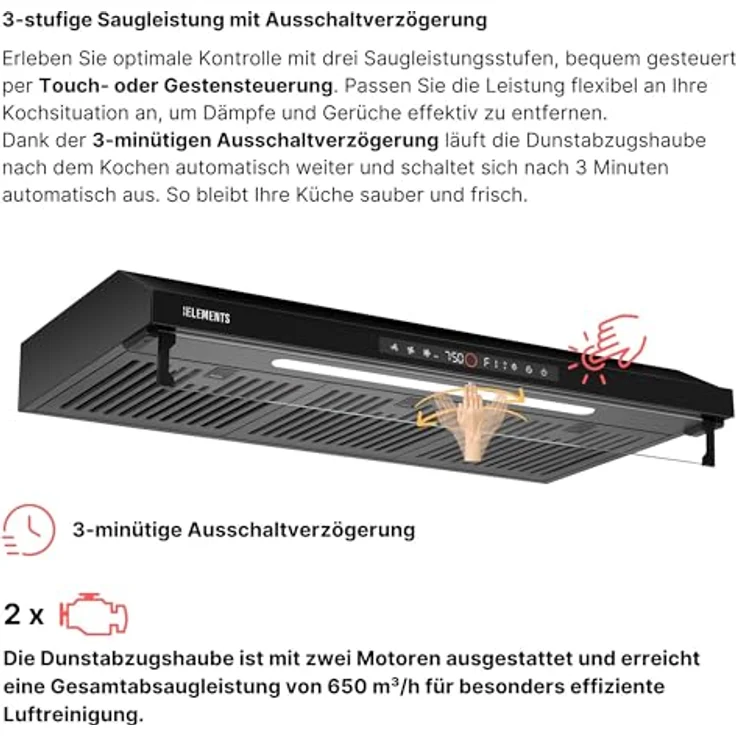 KB ELEMENTS Dunstabzugshaube 60cm, Umluft/Abluft mit 650m³/h, Doppelter Motor, Touch-Gestensteuerung und Multifunktionalem Touch Display – Bild 3