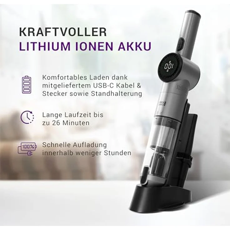 LEBENLANG Kabelloser Handstaubsauger 17000PA - Inkl. USB-C Ladekabel & Stecker I Starker Lithium Ionen Akku I Auto Staubsauger Handsauger beutellos Tierhaare I Hand Handheld Vacuum Cleaner – Bild 3
