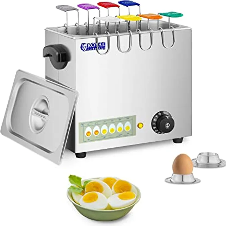 Royal Catering Eierkocher RCEB-8T (2600 W, Edelstahl, für 8 Eier, Eierlöffel mit Farb-Codierung, inkl. 4 Eierbecher)