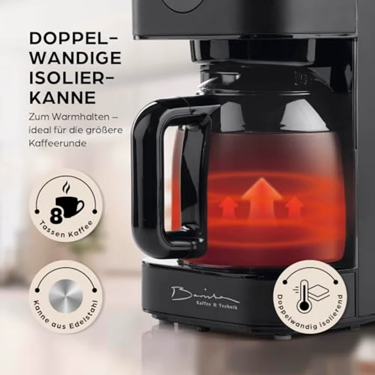 Barista Kaffee & Technik Filterkaffeemaschine mit Thermokanne | 24h Timer & Permanentfilter | Für 8 Tassen Kaffee | Kaffeemaschine für Pulver [Schwarz] – Bild 3