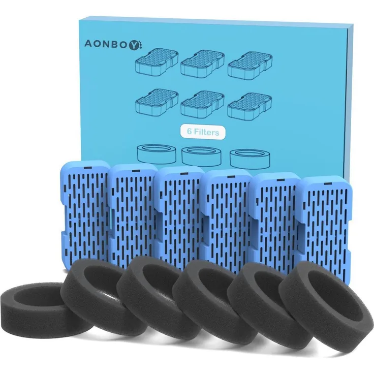 AONBOY Filterset für Katzenbrunnen, 12er Set mit 6 Kohlefiltern und 6 Schaumstofffiltern, Mehrfach-Filterung, kompatibel mit Edelstahl-Katzenwasserbrunnen S3-SC