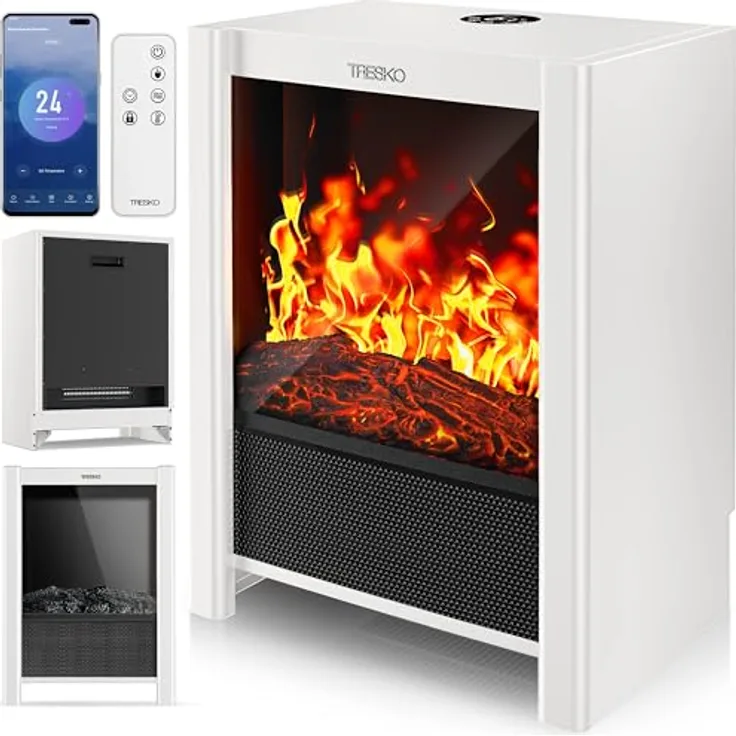 TRESKO Elektrokamin TRESKO® mit 2000W Heizung, Fernbedienung & WiFi App, LED-Flammeneffekt, LCD-Display, 3 Heizmodi