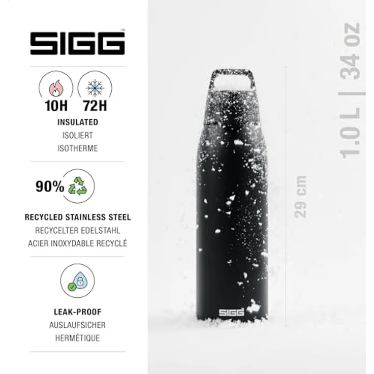 SIGG Shield Therm One, Isolierte Trinkflasche für kohlensäurehaltige Getränke, Auslaufsicher, Spülmaschinenfest, BPA-frei, 90% recycelter Edelstahl, Schwarz, 1L – Bild 2