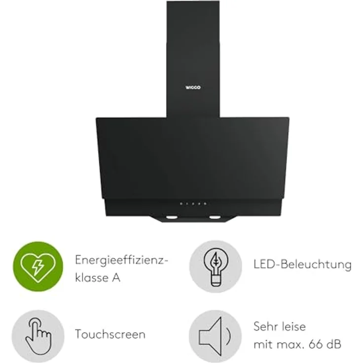 Wiggo A642 Dunstabzugshaube 60cm kopffrei I Abluft Umluft Dunstabzug 626m³/h - Touch-Display 4 Stufen I Energieeffizienzklasse A Schräghaube inkl. 2x Kohlefilter I Abzugshaube Glasfront schwarz – Bild 2