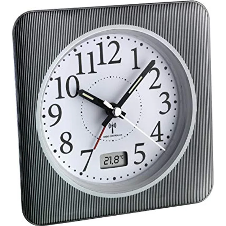 TFA Analoger Funk-Wecker mit rundherum laufender Beleuchtung, fluoreszierenden Zeigern und Wahl der digitalen Anzeige für Temperatur oder Datum