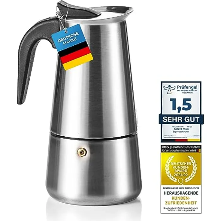 Coffee Fox Espressokocher, Edelstahl Espressokanne, vielseitig einsetzbar, induktionsgeeignet, tragbar, kompakt