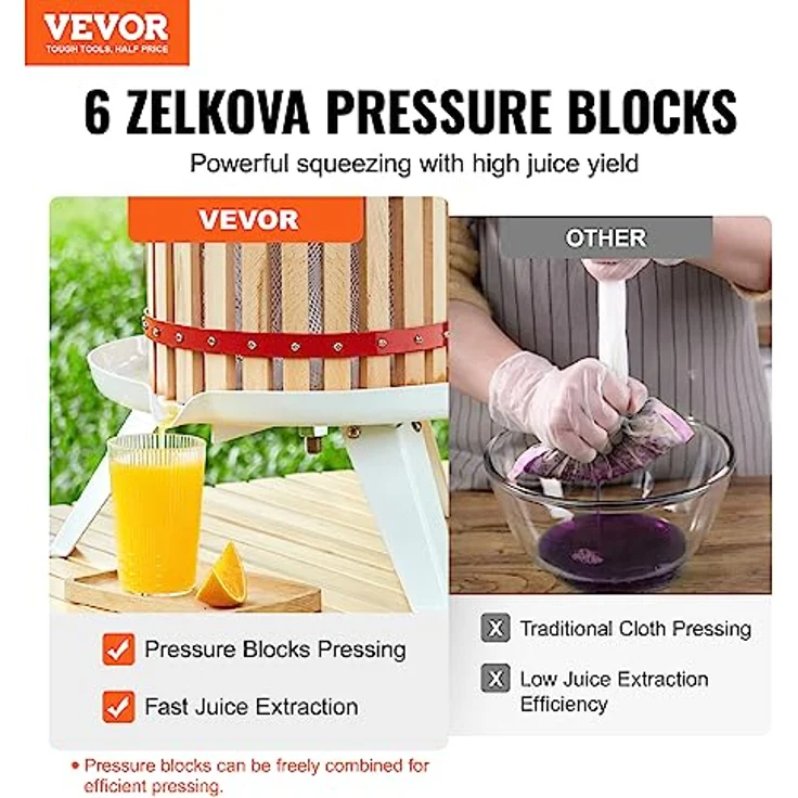 VEVOR Obstpresse Saftpresse Beerenpresse 6 L, Fruchtpresse 17,5 x 26 cm Zelkova-Holz Manuelle Obstpresse, Apfelpresse Weinpresse Maischepresse Saftpresse Entsafter Obstmühle mit Filtertüten – Bild 2