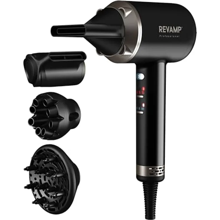 Revamp iGen Progloss Shine BLDC Haartrockner – Leistungsstarker Haartrockner für frizzfreies Styling, 2 Stylingdüsen, 1 Diffusor-Aufsatz