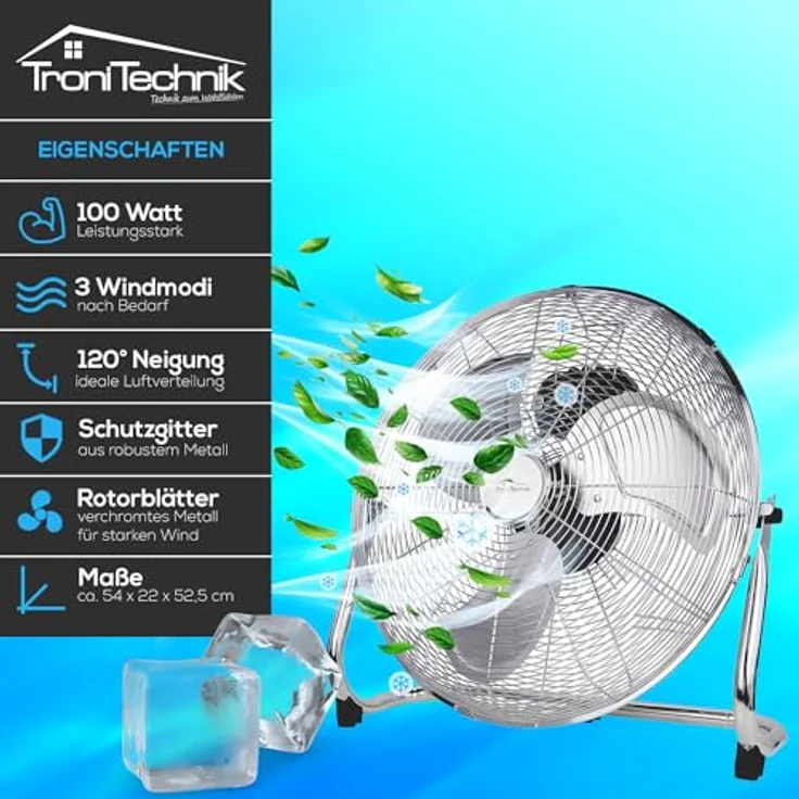 Tronitechnik® XL Windmaschine mit 45 cm Ø | Ventilator verstellbarer Winkel | Bodenventilator 3 Stufen | Ventilator leise aus Metall | Luftkühler | Standlüfter | Raumkühler – Bild 2