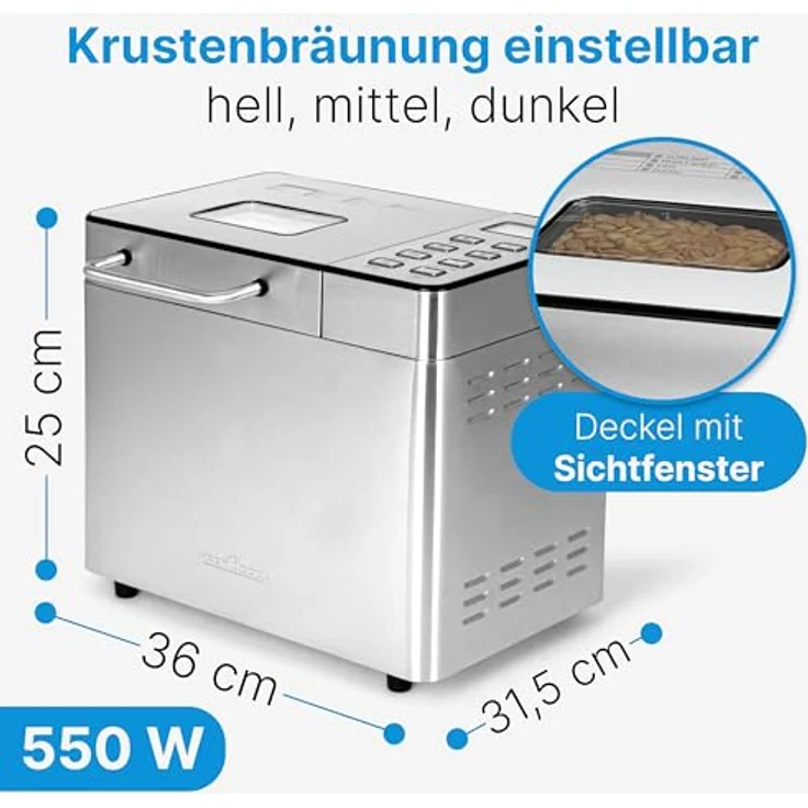 ProfiCook Brotbackautomat PC-BBA 1282, vollautomatischer Brotbackautomat mit Timer, 13 Programmen, Edelstahlgehäuse, 1500 g Kapazität – Bild 7