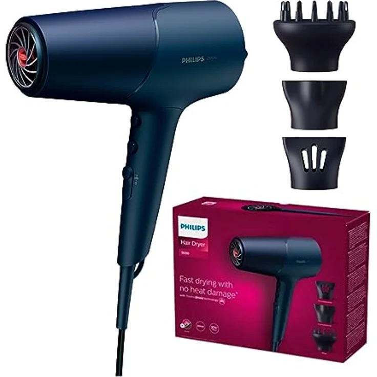 Philips 5000 Series Haartrockner – Föhn mit ThermoShield Technologie, Volumendiffusor und 9 mm und 11 mm Düse in Blau und Metallic (Modell BHD510/20) – Bild 1