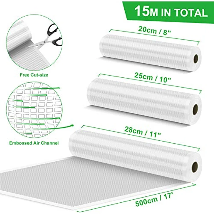 Vpcok Direct Vakuumierbeutel 3 Rollen 20/25/28x500cm, BPA-freie Vakuumfolie mit 150µm Stärke, wiederverwendbar und reißfest für Lebensmittel und Sous Vide – Bild 2