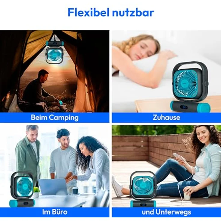 MEDION Tischventilator E10 TF, mobiler Campingventilator mit 5 Geschwindigkeitsstufen, Oszillation, Fernbedienung, Akku, Powerbankfunktion und LED Licht – Bild 2