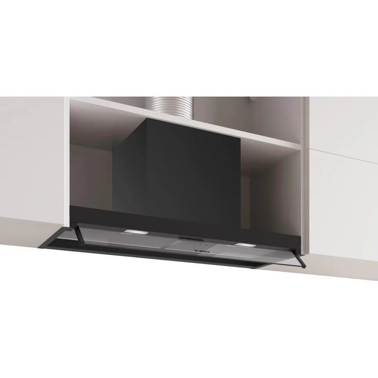 Bosch DBB85CC60, Serie 4, Integrierte Designhaube 80 cm, Klarglas, Mattschwarz, energieeffizienter Kondensatormotor, 3 Leistungsstufen, bis zu 583 m³/h, abnehmbarer Metallfettfilter